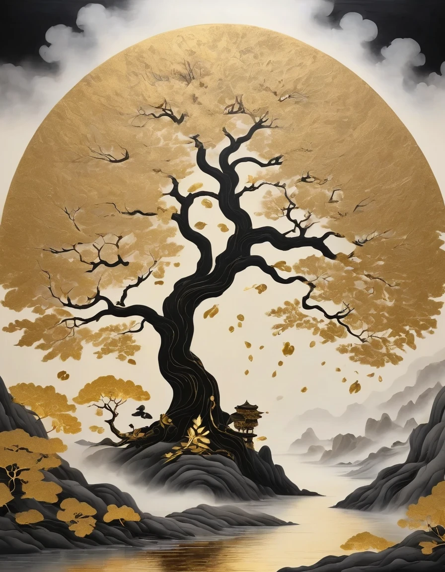 (gold leaf art:1.5)，Black gold-rimmed Bodhi tree falls from the sky, Dunhuang murals as background, minimalist, line art, From front and center to ghostly smoke, Transition from entity to ghost, Smart, powerful and calm, Rich in details, Psychedelic, fantastic, drama, Chinese ancient style, style, ink painting, fantasy, surreal, ethereal