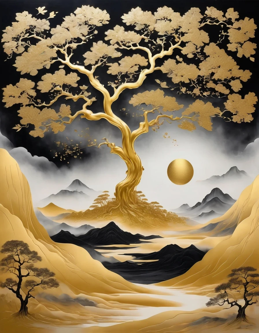 (gold leaf art:1.5),Black gold-rimmed Bodhi tree falls from the sky, Dunhuang murals as background, minimalist, line art, From front and center to ghostly smoke, Transition from entity to ghost, Smart, powerful and calm, Rich in details, Psychedelic, fantastic, drama, Chinese ancient style, style, ink painting, fantasy, surreal, ethereal