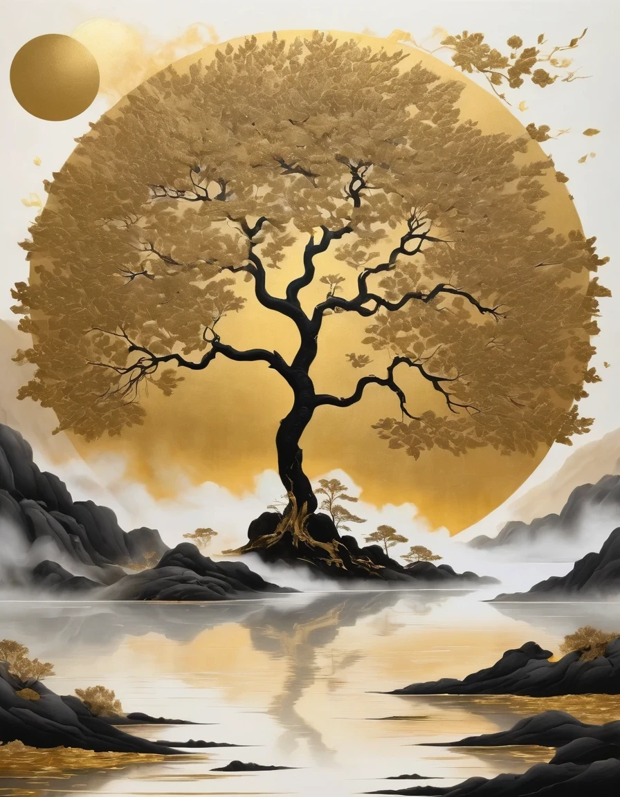 (gold leaf art:1.5)，Black gold-rimmed Bodhi tree falls from the sky, Dunhuang murals as background, minimalist, line art, From front and center to ghostly smoke, Transition from entity to ghost, Smart, powerful and calm, Rich in details, Psychedelic, fantastic, drama, Chinese ancient style, style, ink painting, fantasy, surreal, ethereal