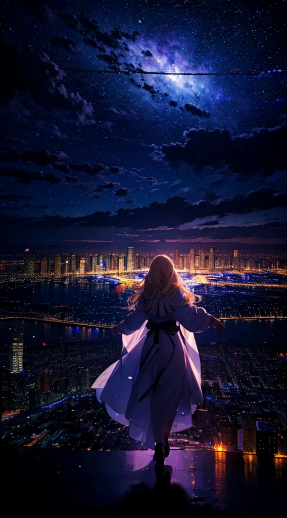 １people,Blonde long-haired woman，long coat， Dress Silhouette， Rear view，Space Sky, comet, anime style, dancing petals，Night view of the city from the mountainside，