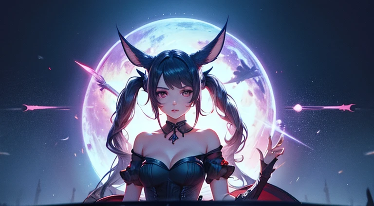 Glaube, 1 girl, NSFW, ffxiv, Final Sin xiv, Dekollete, digitale Illustration, leuchtende Farben, sanfte Beleuchtung, perfektes Gesicht, absurder, ultrascharf, 8K, lange Haare, Space buns, schwarzes Haar, lila Augen, Lolita-Kleid, gotisch