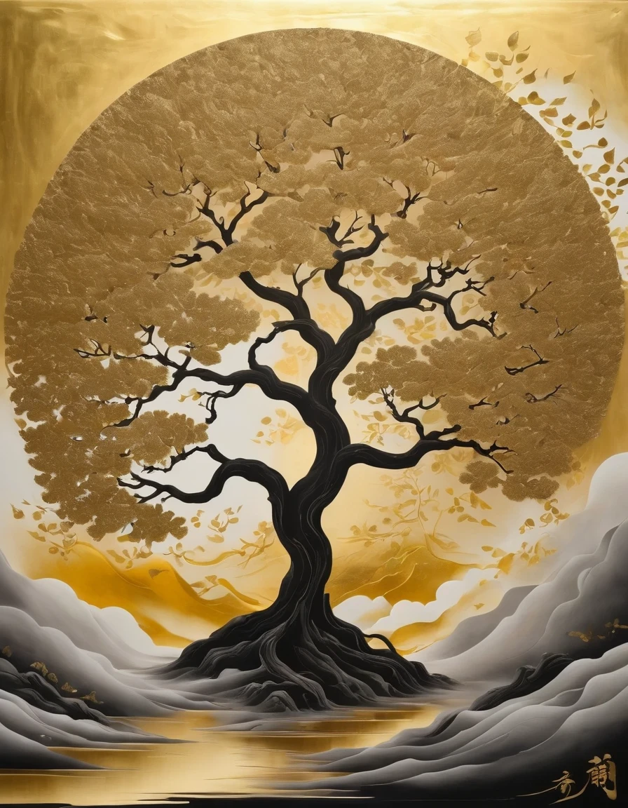 (gold leaf art:1.5)，Black gold-rimmed Bodhi tree falls from the sky, Dunhuang murals as background, minimalist, line art, From front and center to ghostly smoke, Transition from entity to ghost, Smart, powerful and calm, Rich in details, Psychedelic, fantastic, drama, Chinese ancient style, style, ink painting, fantasy, surreal, ethereal