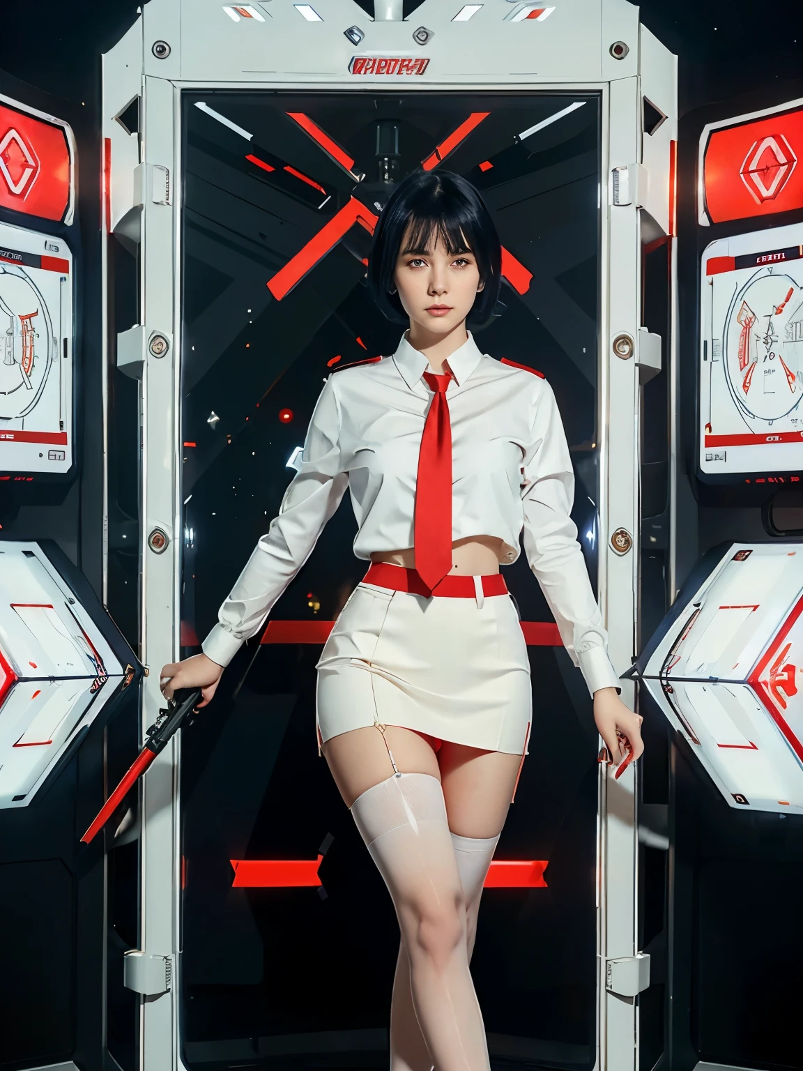 An girl with short navy blue hair and amber eyes with pale skin, wearing a white blouse with red tie, red pencil skirt, and cream stockings and black heels. She have this barely visible aura around her while futuristic weapons floats around her to use and these digital screens appearing on her hand.