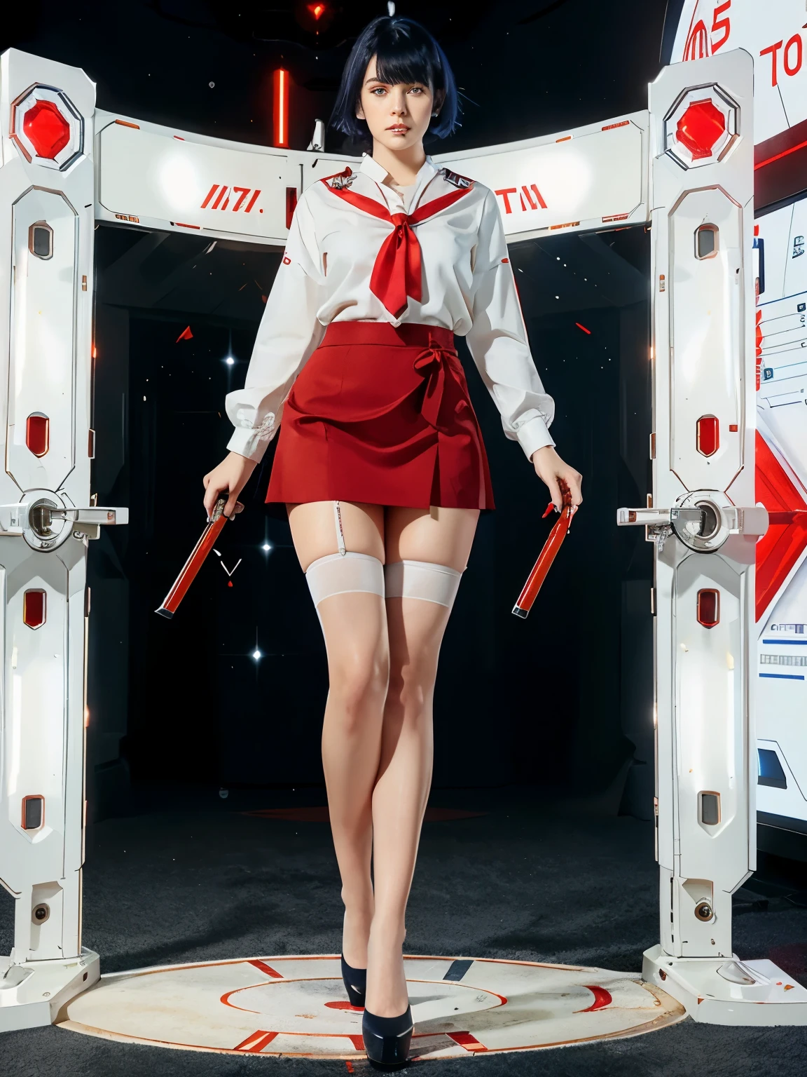 An girl with short navy blue hair and amber eyes with pale skin, wearing a white blouse with red tie, red pencil skirt, and cream stockings and black heels. She have this barely visible aura around her while futuristic weapons floats around her to use and these digital screens appearing on her hand.