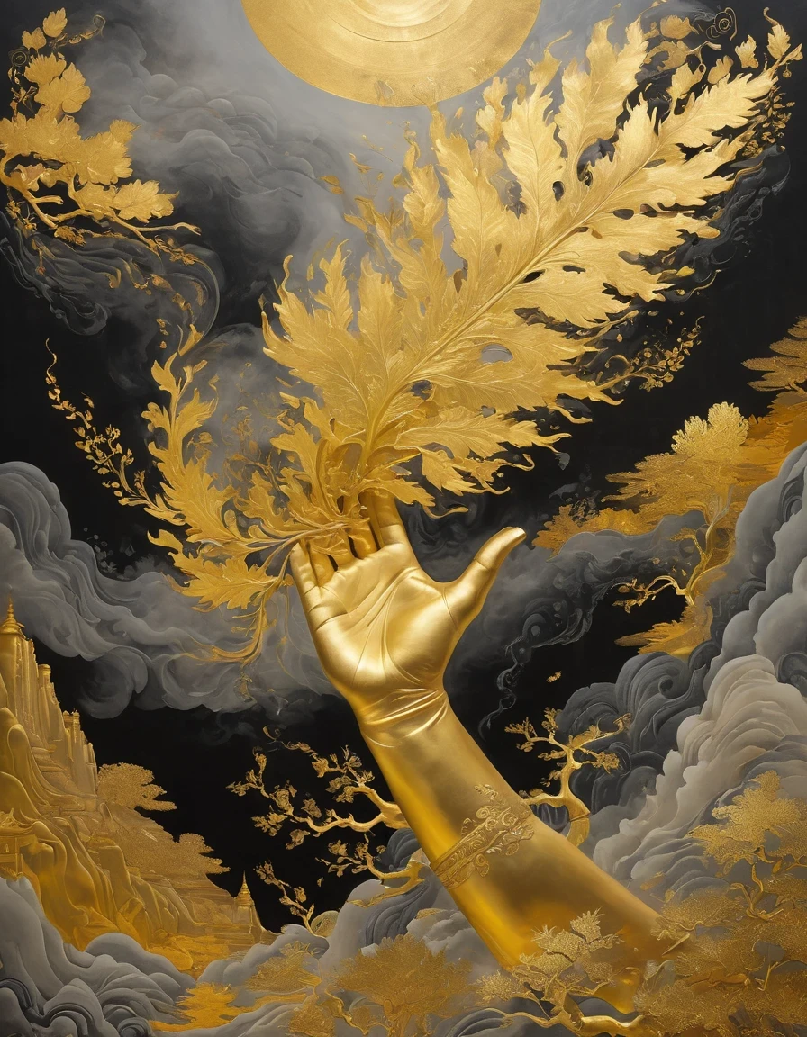 (gold leaf art:1.5),A black and gold-rimmed giant hand fell from the sky, Dunhuang murals as background, minimalist, line art, From front and center to ghostly smoke, Transition from entity to ghost, Smart, powerful and calm, Rich in details, Psychedelic, fantastic, drama, Chinese ancient style, style, ink painting, fantasy, surreal, ethereal