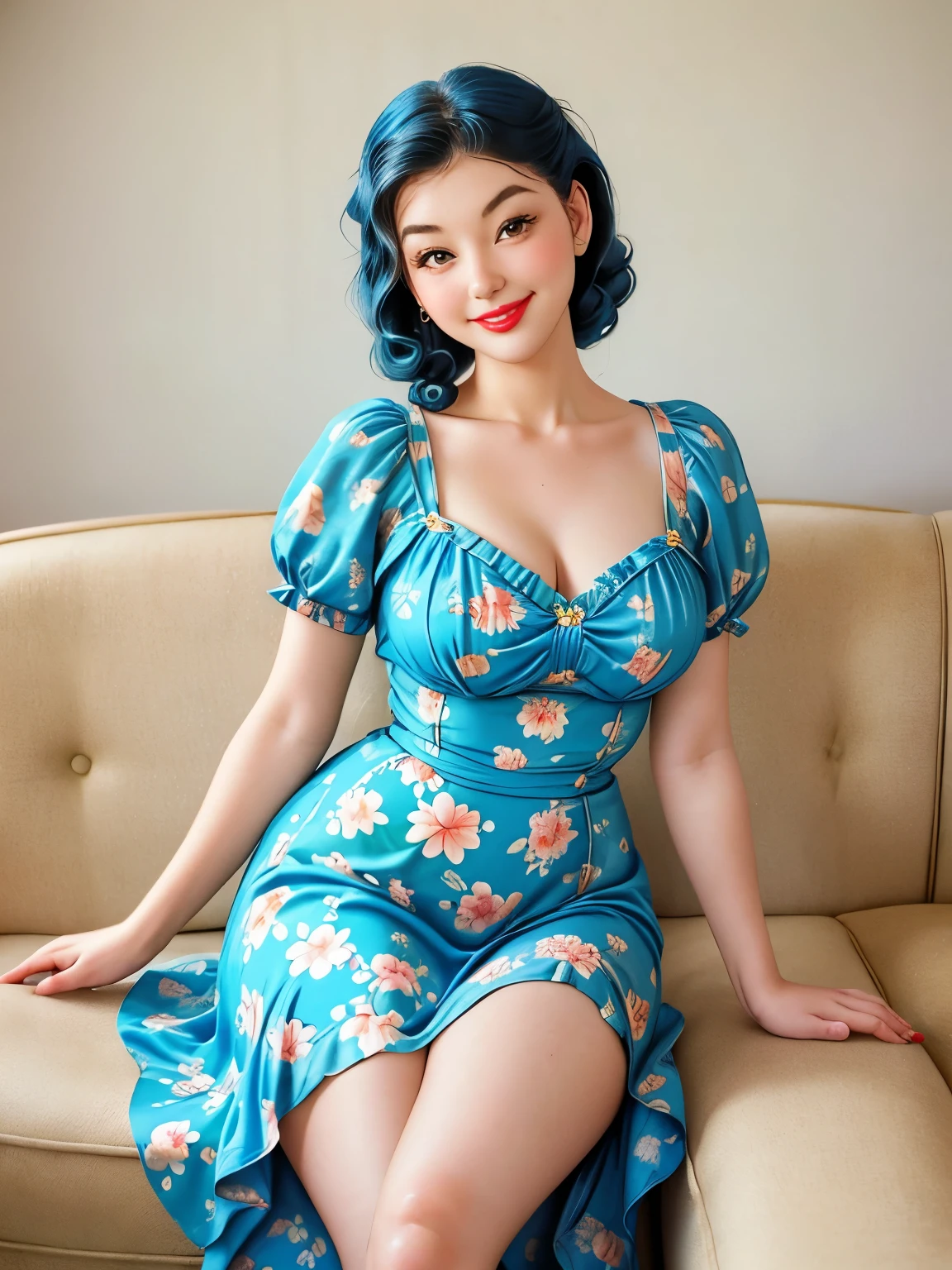 a woman in a blue floral dress sitting on a couch, smiling, airmax12, pinup style, retro pinup model, 50s style, 5 0 s style, pinup, gil elvgren style, 1 9 5 0 s style, retro 5 0 s style, vintage pin up, attractive feminine curves, pinup model, 1950s vibes, pinup girl, pin up