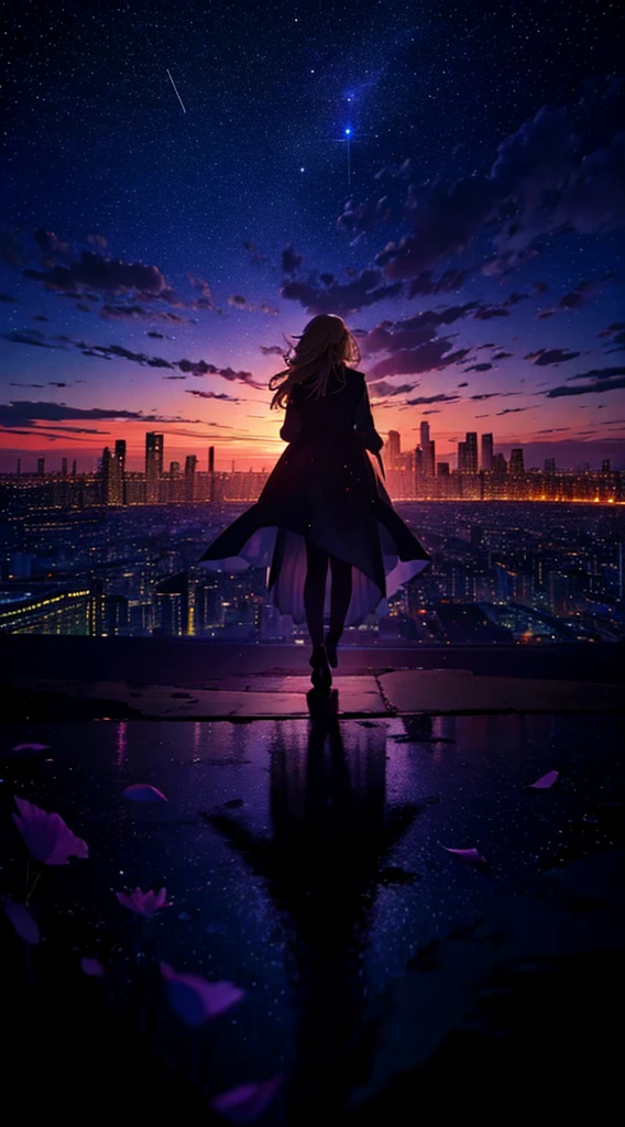 1people々々々々々,Blonde long-haired woman,long coat, Dress Silhouette, Rear view,Space Sky, comet, anime style, dancing petals,Night view of the city from the mountainside,