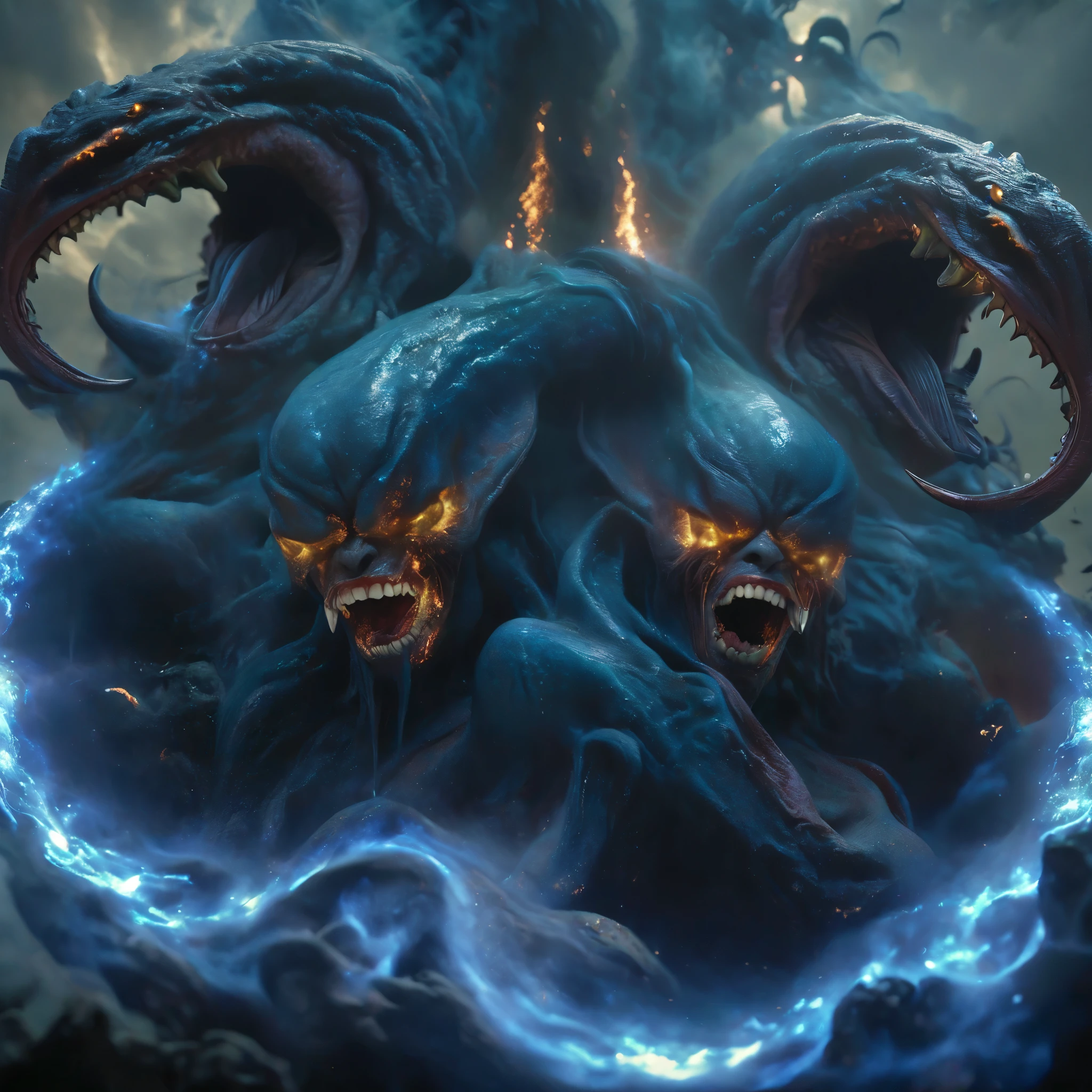 (best quality,4k,8k,highres,masterpiece:1.2),ultra-detailed,(realistic,photorealistic,photo-realistic:1.37),Giant demons with three faces from another dimension summoned from the magic circle, cosmic horror, deformed heads with tentacles and twisted horns, a tremendous number of huge fangs, long sharp claws, a long tail, a terrifying figure clad in blue flames, overwhelming violence that brings the world down into chaos, liberation of imagination, breaking the limits, creation of a new world (amazingly powerful and realistic composition by Greg Rutkowski:1.2) (one of them is the most beautiful girl's face in the universe:1.5), (NSFW:1.5), (It has an organ on its head that looks like the external genitalia of a female:1.5)