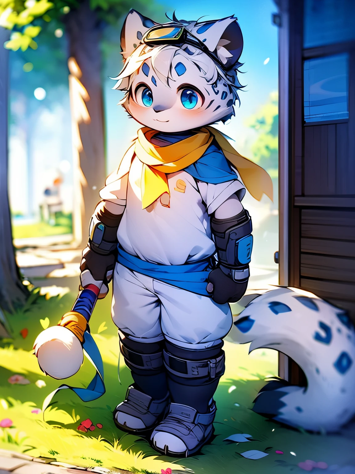 alone,warrior,male,strong,adult,snow leopard,Gold goggles,Golden scarf,blue cloth armor,white shorts,white plush paws,fingerless gloves,Metal shin guards,A confident expression,bright and lively eyes(A masterpiece)(high quality)(Clear structure)(Extremely detailed background)(extremelydetailedcharacter),stand