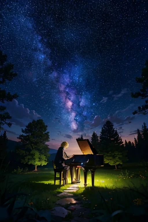 (((masterpiece)))、(((highest quality)))、((Super detailed))、blonde woman，silhouette，in the forest、(piano)、starry sky、milky way，The wind is blowing、