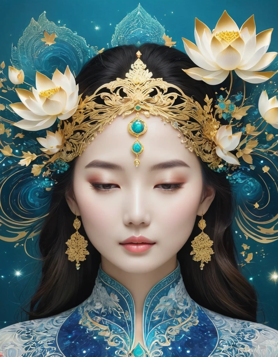 (gold leaf art:1.5)，Imagine a tranquil scene inspired by Buddhist philosophy，A vibrant lotus flower stands against a background of intense turquoise tones。The lotus symbolizes purity and enlightenment，Complex petals bloom，exudes a sense of tranquility。As you gaze deeper into the image，You will notice an arrangement similar to a mandala，The constellations are arranged elegantly。Fusion of Buddhist Symbolism and Astrological Elements，consistency，Induce contemplation and a timeless sense of connection。(The sculpture is surrealist and realist: 1.5), (Kaneko，Blue and white porcelain mask)， (metal wings: 1.2), (futuristic mask: 1.2), (Internet pop kawaii fractal art: 1.6), (Tobias Gramler (Tobias Gramler) Art style，smooth shapes: 1.6), (Organic geometric mixture: 1.6),ultra high resolution: 1.4),(particle effect: 1.4), (depth of field: 1.4), (geometric point abstraction: 1.6), (generative fluid fractal algorithm: 1.6).