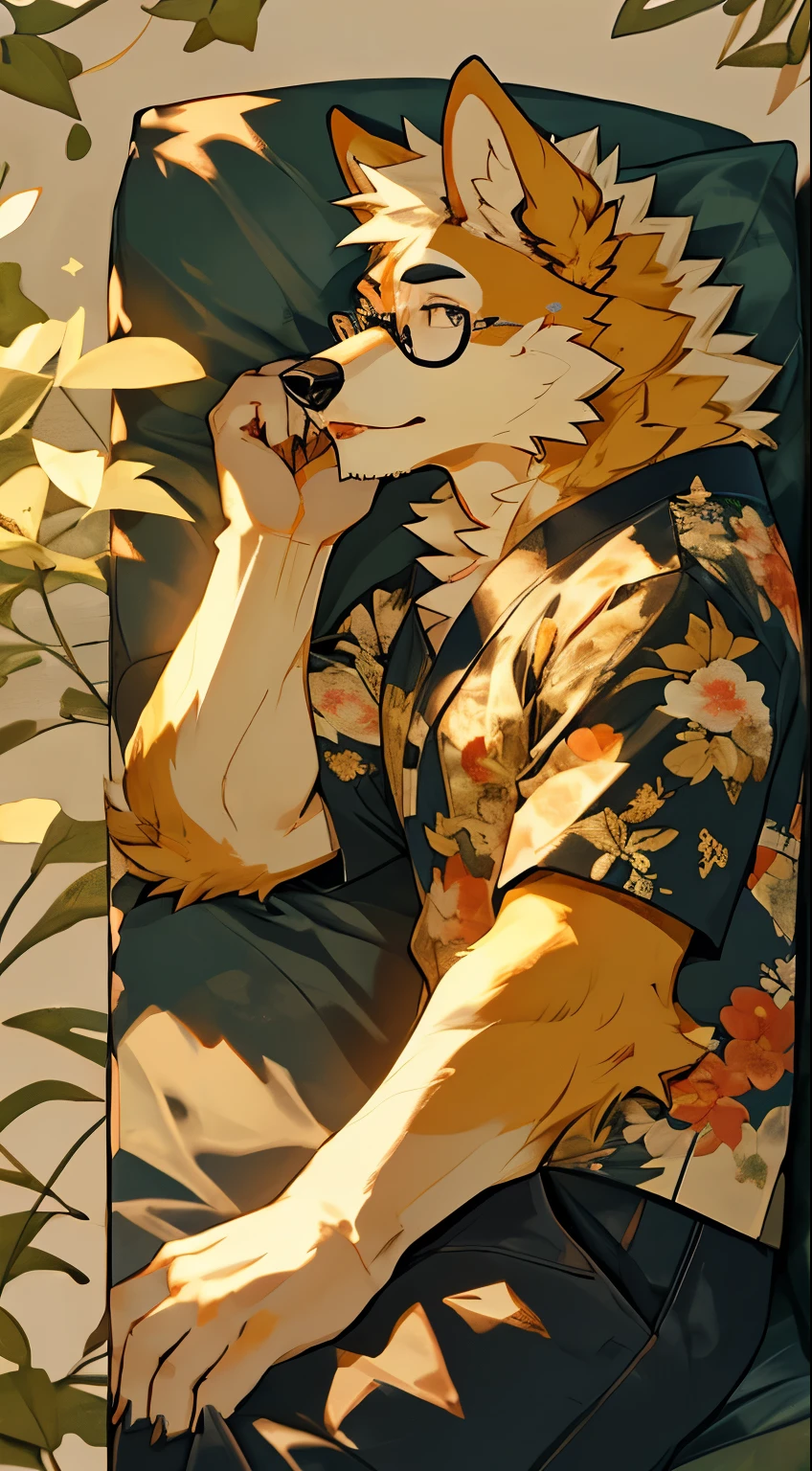 (best quality,4k,highres,masterpiece:1.2),detailed,Chinese rural dog,lying down,vertical,sofa,on the sofa,half-closed eyes,strong,adult,with thin-rimmed glasses,blue irises,yellow and white fur, yellow Chinese rural dog
