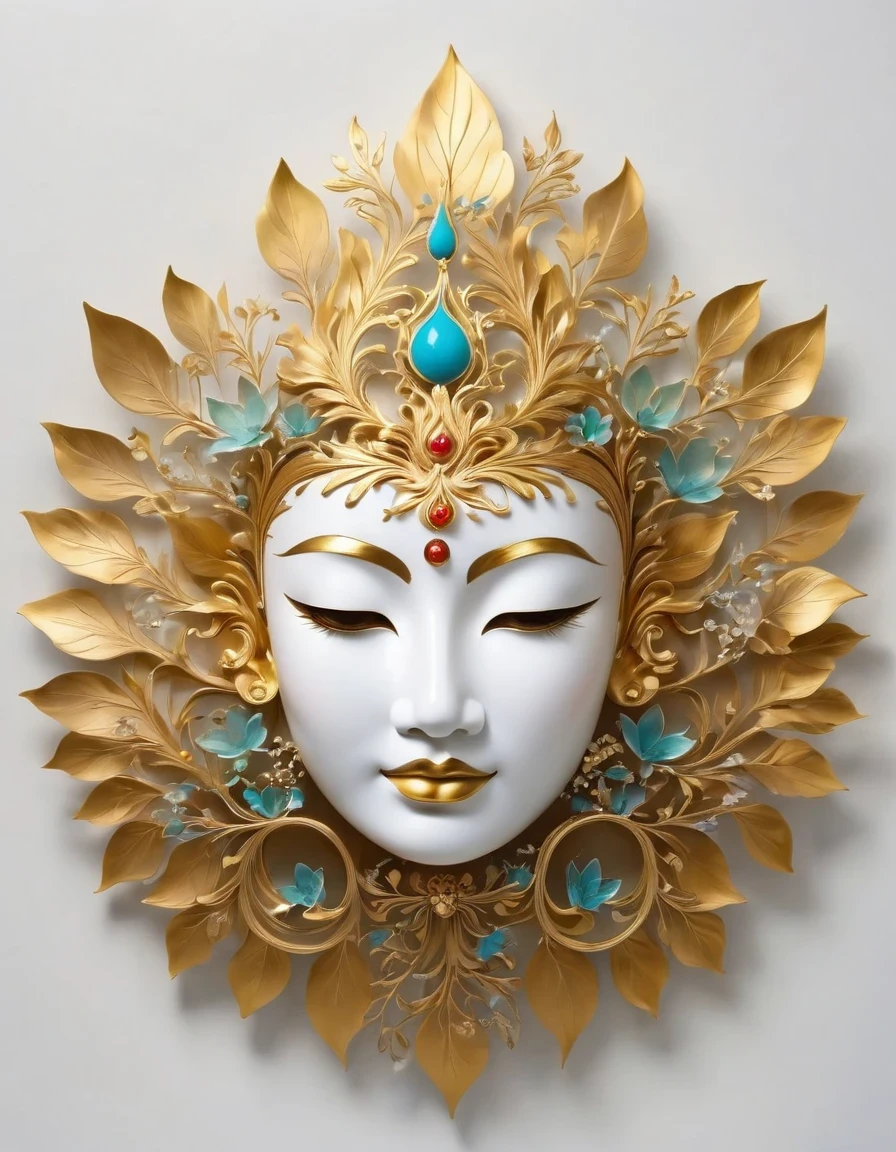 (gold leaf art:1.5),Imagine a tranquil scene inspired by Buddhist philosophy,A vibrant lotus flower stands against a background of intense turquoise tones。The lotus symbolizes purity and enlightenment,Complex petals bloom,exudes a sense of tranquility。As you gaze deeper into the image,You will notice an arrangement similar to a mandala,The constellations are arranged elegantly。Fusion of Buddhist Symbolism and Astrological Elements,consistency,Induce contemplation and a timeless sense of connection。(The sculpture is surrealist and realist: 1.5), (Kaneko,Blue and white porcelain mask), (metal wings: 1.2), (futuristic mask: 1.2), (Internet pop kawaii fractal art: 1.6), (Tobias Gramler (Tobias Gramler) Art style,smooth shapes: 1.6), (Organic geometric mixture: 1.6),ultra high resolution: 1.4),(particle effect: 1.4), (depth of field: 1.4), (geometric point abstraction: 1.6), (generative fluid fractal algorithm: 1.6).