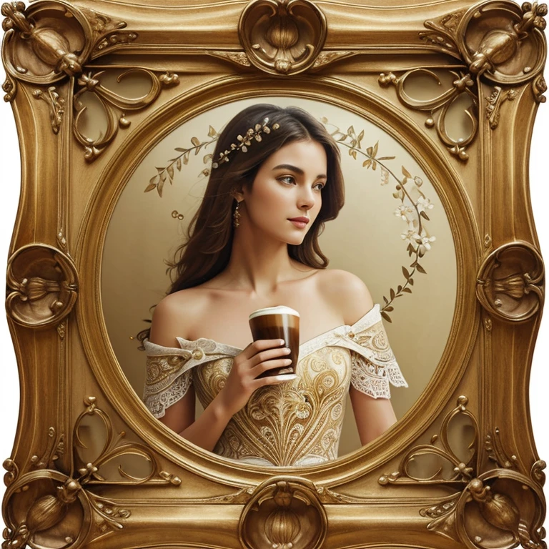 A stunning piece of conceptual art exuding elegance and sophistication, in the center there is a round, white, empty hole, occupying 80% of the frame. The inside circle is decorated with the letter “Coffee Time” in shiny gold color. At all four ends of the frame there are intricate flourishing flowers of coffee tree as well as coffee beans in Art Nouveau style. In the background of the frame is a creamy background swirling cappuccino colors and intricate textures. The image should have extremely balanced lighting to make details visible across the entire model, with very clear and sharp edges and textures, ensuring that no details are obscured.