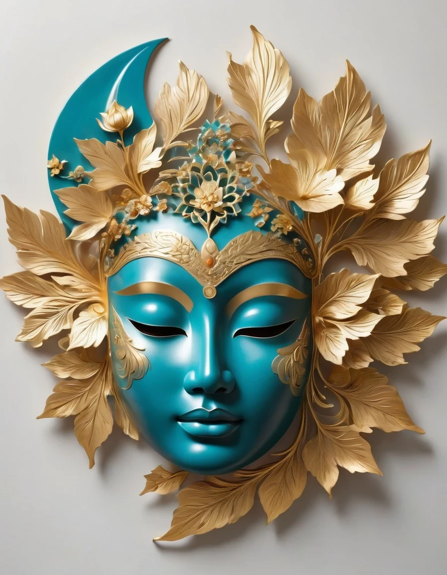 (gold leaf art:1.5),Imagine a tranquil scene inspired by Buddhist philosophy,A vibrant lotus flower stands against a background of intense turquoise tones。The lotus symbolizes purity and enlightenment,Complex petals bloom,exudes a sense of tranquility。As you gaze deeper into the image,You will notice an arrangement similar to a mandala,The constellations are arranged elegantly。Fusion of Buddhist Symbolism and Astrological Elements,consistency,Induce contemplation and a timeless sense of connection。(The sculpture is surrealist and realist: 1.5), (Kaneko,Blue and white porcelain mask), (metal wings: 1.2), (futuristic mask: 1.2), (Internet pop kawaii fractal art: 1.6), (Tobias Gramler (Tobias Gramler) Art style,smooth shapes: 1.6), (Organic geometric mixture: 1.6),ultra high resolution: 1.4),(particle effect: 1.4), (depth of field: 1.4), (geometric point abstraction: 1.6), (generative fluid fractal algorithm: 1.6).