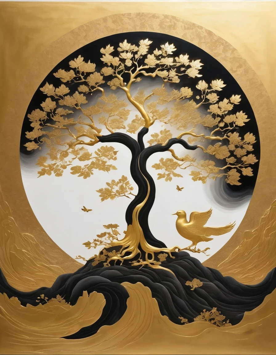 (gold leaf art:1.5),Black gold-rimmed Bodhi tree falls from the sky, Dunhuang murals as background, minimalist, line art, From front and center to ghostly smoke, Transition from entity to ghost, Smart, powerful and calm, Rich in details, Psychedelic, fantastic, drama, Chinese ancient style, style, ink painting, fantasy, surreal, ethereal