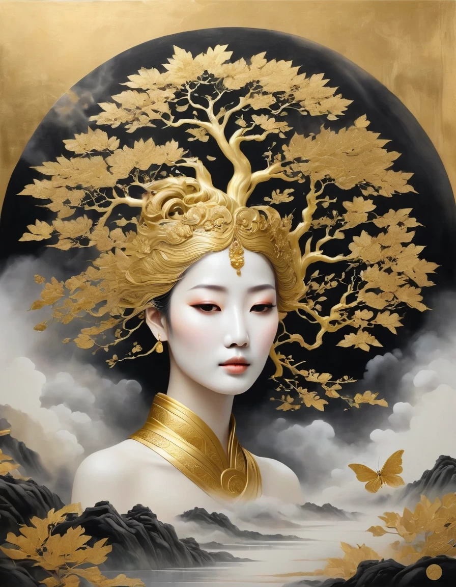 (gold leaf art:1.5)，Black gold-rimmed Bodhi tree falls from the sky, Dunhuang murals as background, minimalist, line art, From front and center to ghostly smoke, Transition from entity to ghost, Smart, powerful and calm, Rich in details, Psychedelic, fantastic, drama, Chinese ancient style, style, ink painting, fantasy, surreal, ethereal