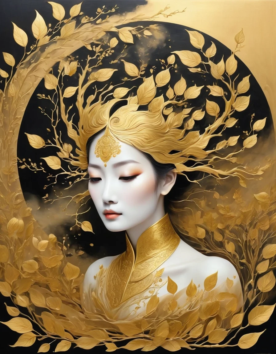 (gold leaf art:1.5)，Black gold-rimmed Bodhi tree falls from the sky, Dunhuang murals as background, minimalist, line art, From front and center to ghostly smoke, Transition from entity to ghost, Smart, powerful and calm, Rich in details, Psychedelic, fantastic, drama, Chinese ancient style, style, ink painting, fantasy, surreal, ethereal