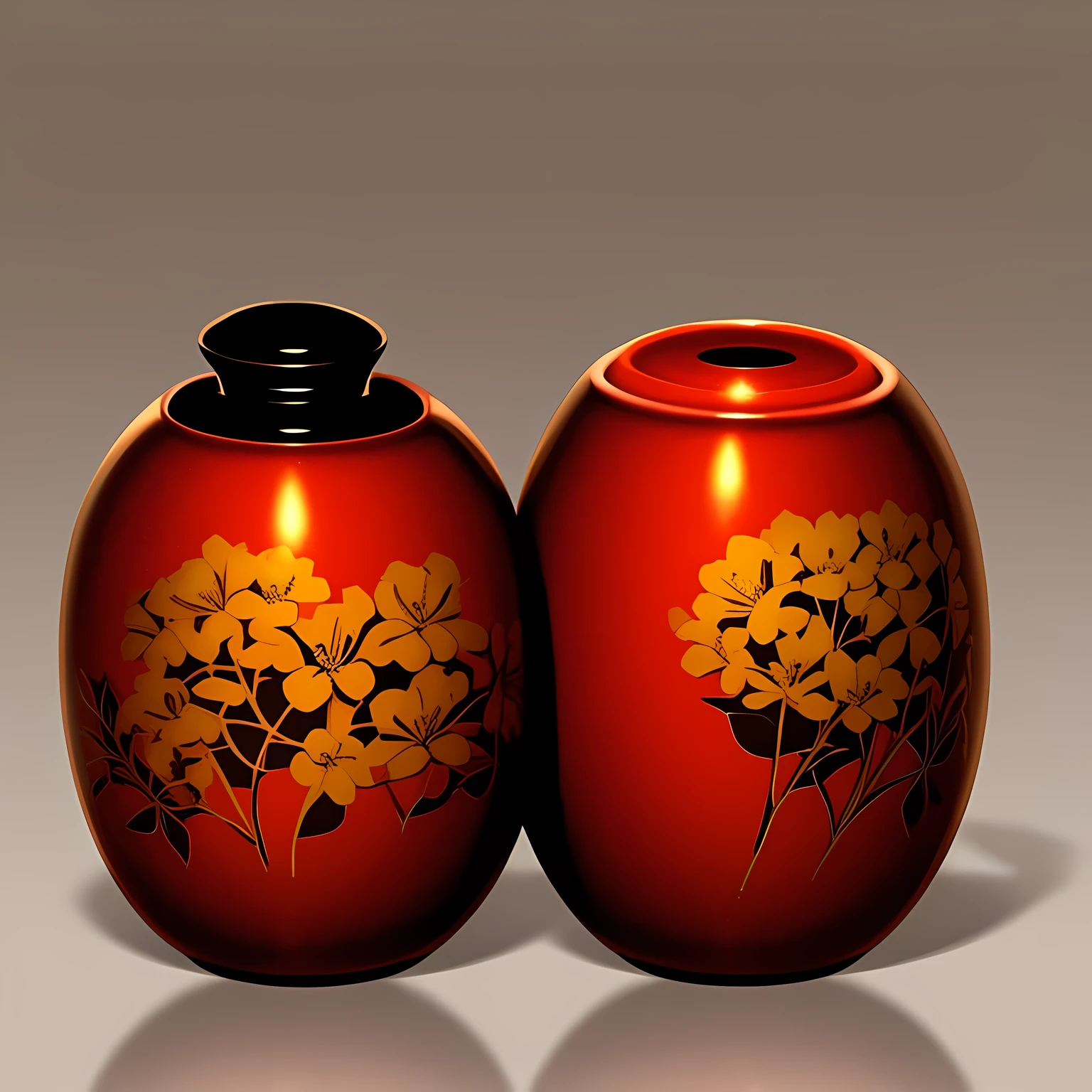 Makie lacquerware vessels, flowers by gold line