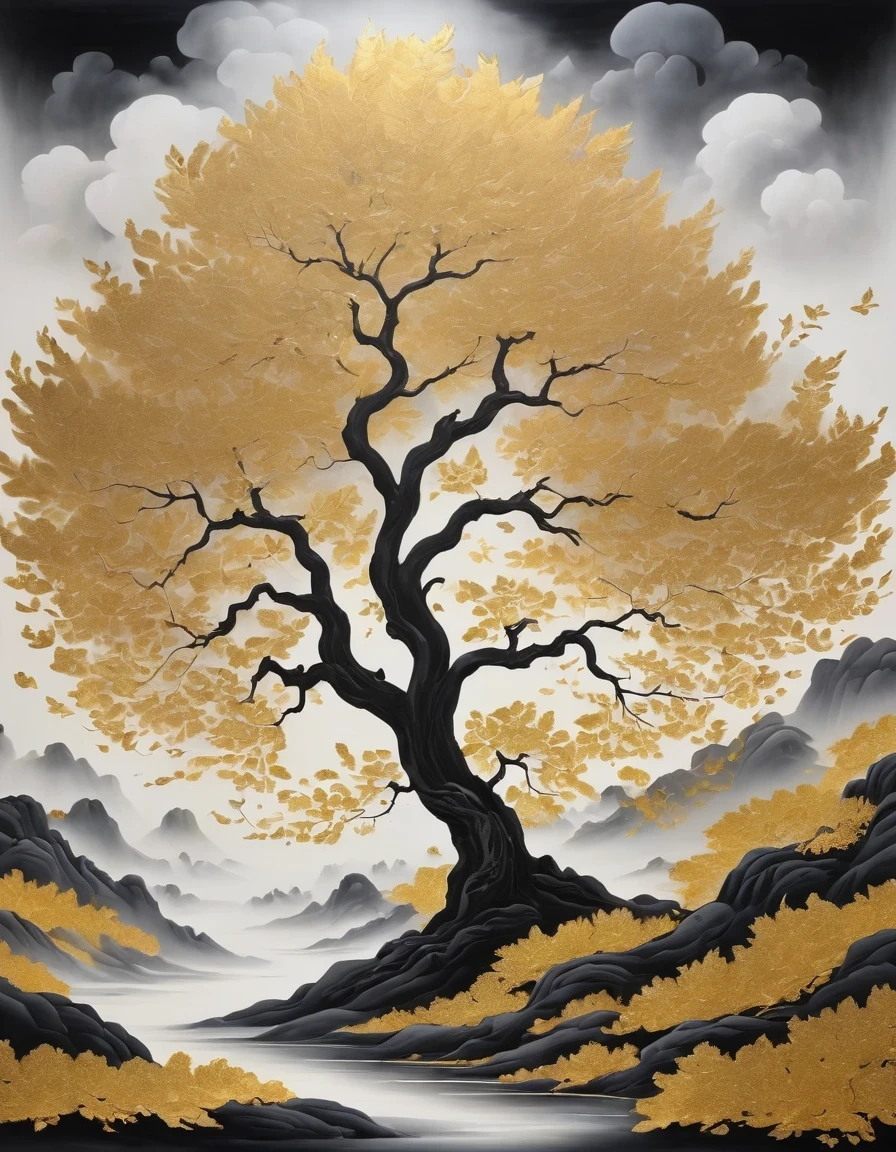 (gold leaf art:1.5)，Black gold-rimmed Bodhi tree falls from the sky, Dunhuang murals as background, minimalist, line art, From front and center to ghostly smoke, Transition from entity to ghost, Smart, powerful and calm, Rich in details, Psychedelic, fantastic, drama, Chinese ancient style, style, ink painting, fantasy, surreal, ethereal