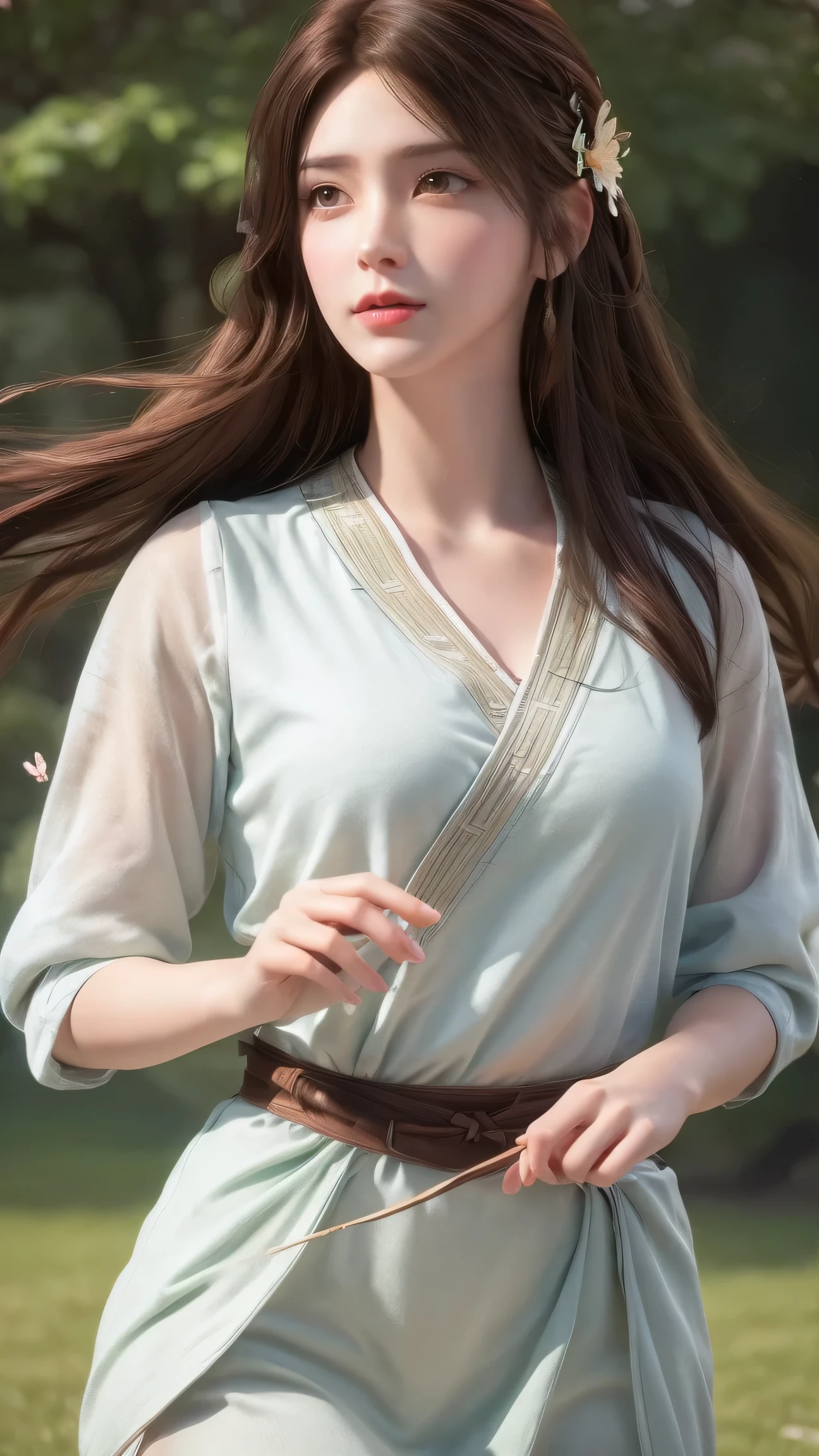 (best quality,ultra-detailed,photorealistic:1.37),vivid colors,studio lighting,beautiful detailed eyes,beautiful detailed lips,extremely detailed eyes and face,long eyelashes,portraits,light brown hair,confident expression,feminine,standing in a garden,soft sunlight,green scenery,flower blossoms,peaceful atmosphere,artistic touch,textured brushstrokes,subtle color variations,brilliant white highlights,delicate movements,graceful pose,slight breeze,rustling leaves,sophisticated style,professional artwork,female beauty.