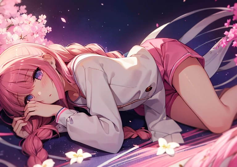 beautiful illustrations, highest quality, (12 year old girl:1.4)、(pretty girl:1.5)、、、flat chest、sailor collar、(White long tunic)、long sleeve sailor suit、Blue-line cuffs、(pink chino shorts:1.4)、(pink shorts with wide opening:1.2)、Gap between thigh and pants、slim thighs、white socks、 cinematic lighting, (pink long hair)、Pink Straight Hair、redness of cheeks、(Braiding of the back of the head)