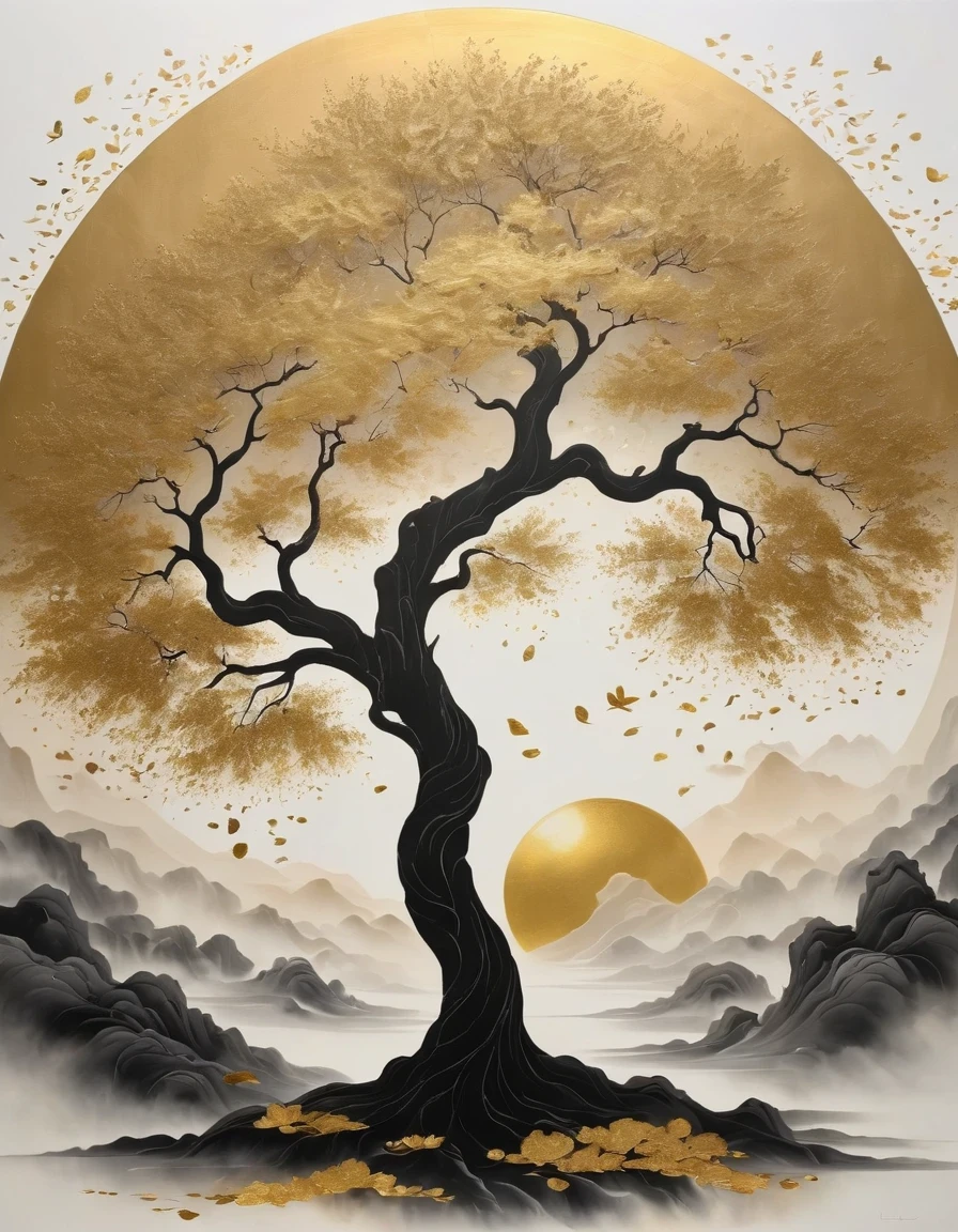 (gold leaf art:1.5)，Black gold-rimmed Bodhi tree falls from the sky, Dunhuang murals as background, minimalist, line art, From front and center to ghostly smoke, Transition from entity to ghost, Smart, powerful and calm, Rich in details, Psychedelic, fantastic, drama, Chinese ancient style, style, ink painting, fantasy, surreal, ethereal