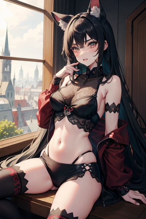 (Meisterwerk, Best quality), (highres, Ultradetailliert), (absurder, perfekte Anatomie), outside, Schloss, 1girl, Allein, hhmge, monster girl, schwarze Lederhaut, Dunkle Haut, graue Haut, (Animal hands), rote Augen, schwarzes Fell, Haare zwischen den Augen, lange Haare, tank top, Hose, tinted, fangs, parted lips, Miko_Kleidung