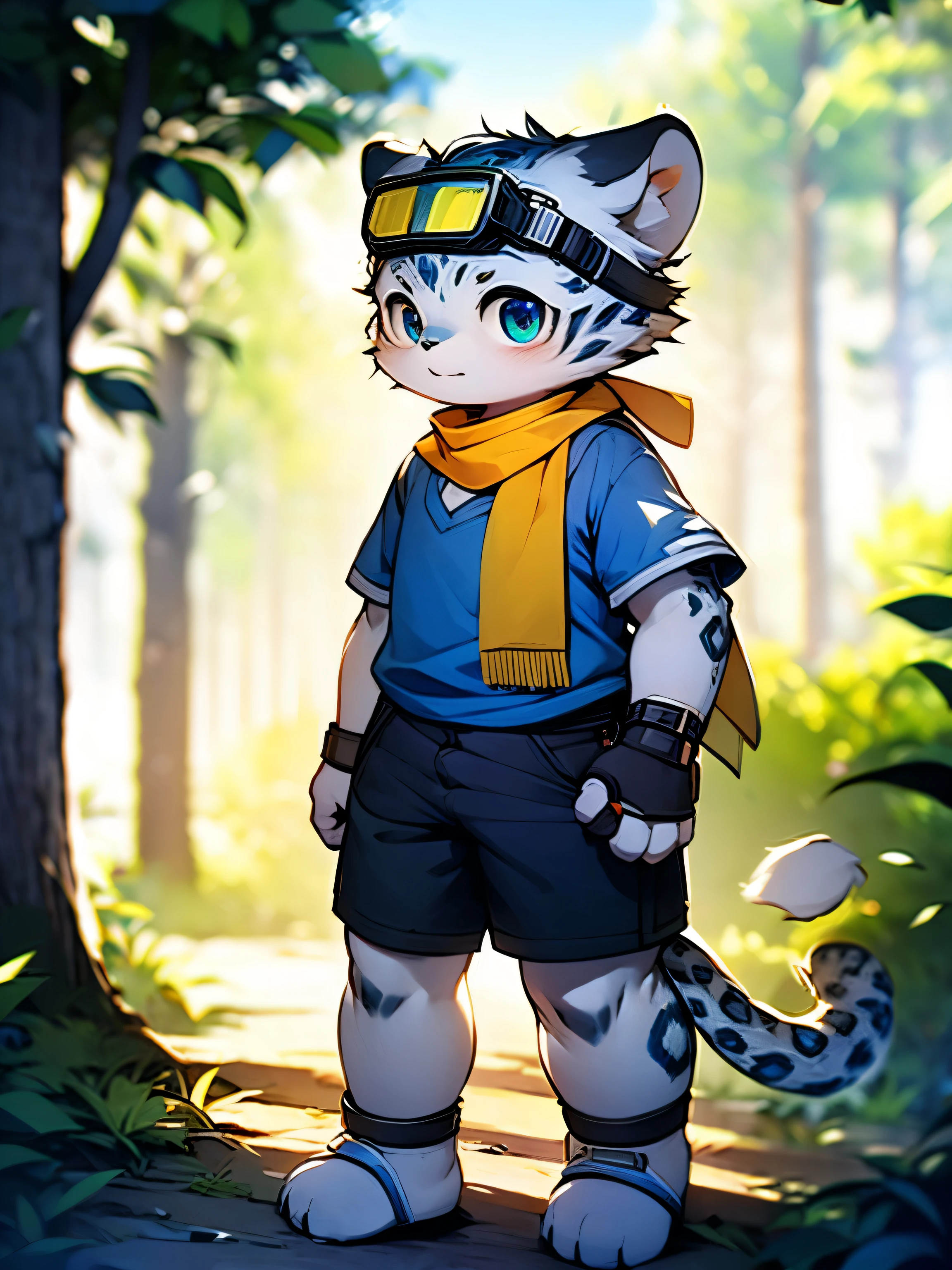 alone，warrior，male，strong，adult，snow leopard，Gold goggles，Golden scarf，blue cloth armor，white shorts，white plush paws，fingerless gloves，Metal shin guards，A confident expression，bright and lively eyes（A masterpiece）（high quality）（Clear structure）（Extremely detailed background）（extremelydetailedcharacter），stand