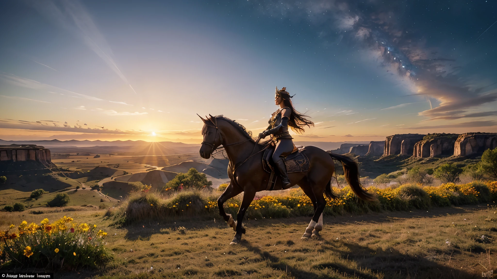In a stunning 3D generated scene, you see a majestic black horse with wide wings soaring elegantly through the air. On her back sits a powerful goddess of war, clad in shining golden armor and with an army of stars dancing around her. The sun is sinking towards the horizon, and the sky is colored in shades of red, orange and purple, creating a dazzling sunset backdrop.
Around them stretches out a wonderful and adventurous world, with rock formations towering into the sky and valleys filled with sparkling rivers and forests vibrating with life. Magical creatures such as unicorns, dragons and phoenixes move through the landscape, while colorful flowers and plants adorn the ground.
The black horse gracefully flies through the air with powerful wing beats, while the warrior goddess holds a lofty look, ready to defend or rule this enchanting realm. Together they form an image of strength, beauty and mystery that captures the imagination and leaves the viewer speechless with wonder.