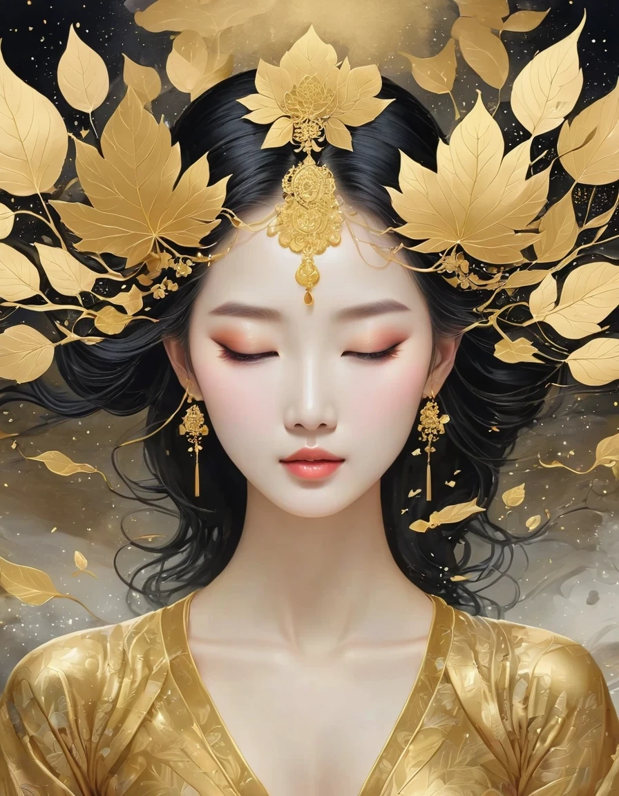 (gold leaf art:1.5),Black gold-rimmed Bodhi tree falls from the sky, Dunhuang murals as background, minimalist, line art, From front and center to ghostly smoke, Transition from entity to ghost, Smart, powerful and calm, Rich in details, Psychedelic, fantastic, drama, Chinese ancient style, style, ink painting, fantasy, surreal, ethereal
