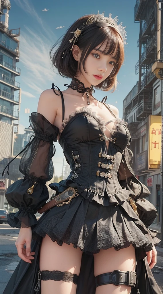 (((Masterpiece))), (((top quality))), (((super detailed))), Combat action poses, One female, (((Very Slender body))), 18 years old, (((short black bob, thick puffy bangs))), cosmetics-free, small thin nose, small thin-lipped mouth, (((very sharp focused eyes))), large slit precision pale grey eyes, sparkling like jewels, Long eyelashes, ((Very intricate mechanical steampunk fashion, Off-shoulder gothic fashion, Lace and ruffle mini skirt, Excessively decorative fashion)), (((The night an abandoned, intricately mechanized steampunk factory burns and explodes))), (((overall accuracy has improved dramatically, creating a super detailed and realistic image))).