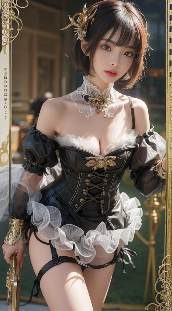 (((Masterpiece))), (((top quality))), (((super detailed))), Combat action poses, One female, (((Very Slender body))), 18 years old, (((short black bob, thick puffy bangs))), cosmetics-free, small thin nose, small thin-lipped mouth, (((very sharp focused eyes))), large slit precision pale grey eyes, sparkling like jewels, Long eyelashes, ((Very intricate mechanical steampunk fashion, Off-shoulder gothic fashion, Lace and ruffle mini skirt, Excessively decorative fashion)), (((The night an abandoned, intricately mechanized steampunk factory burns and explodes))), (((overall accuracy has improved dramatically, creating a super detailed and realistic image))).