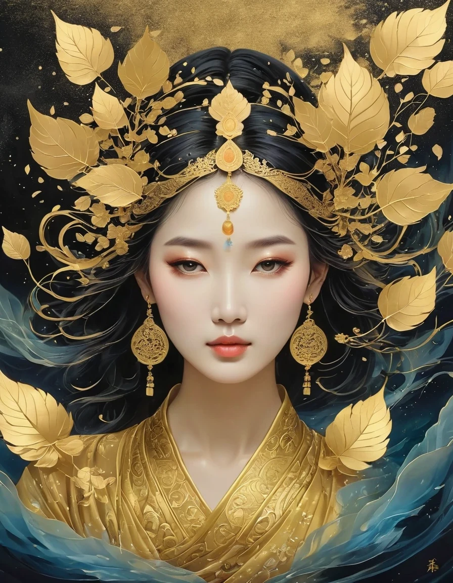 (gold leaf art:1.5)，Black gold-rimmed Bodhi tree falls from the sky, Dunhuang murals as background, minimalist, line art, From front and center to ghostly smoke, Transition from entity to ghost, Smart, powerful and calm, Rich in details, Psychedelic, fantastic, drama, Chinese ancient style, style, ink painting, fantasy, surreal, ethereal