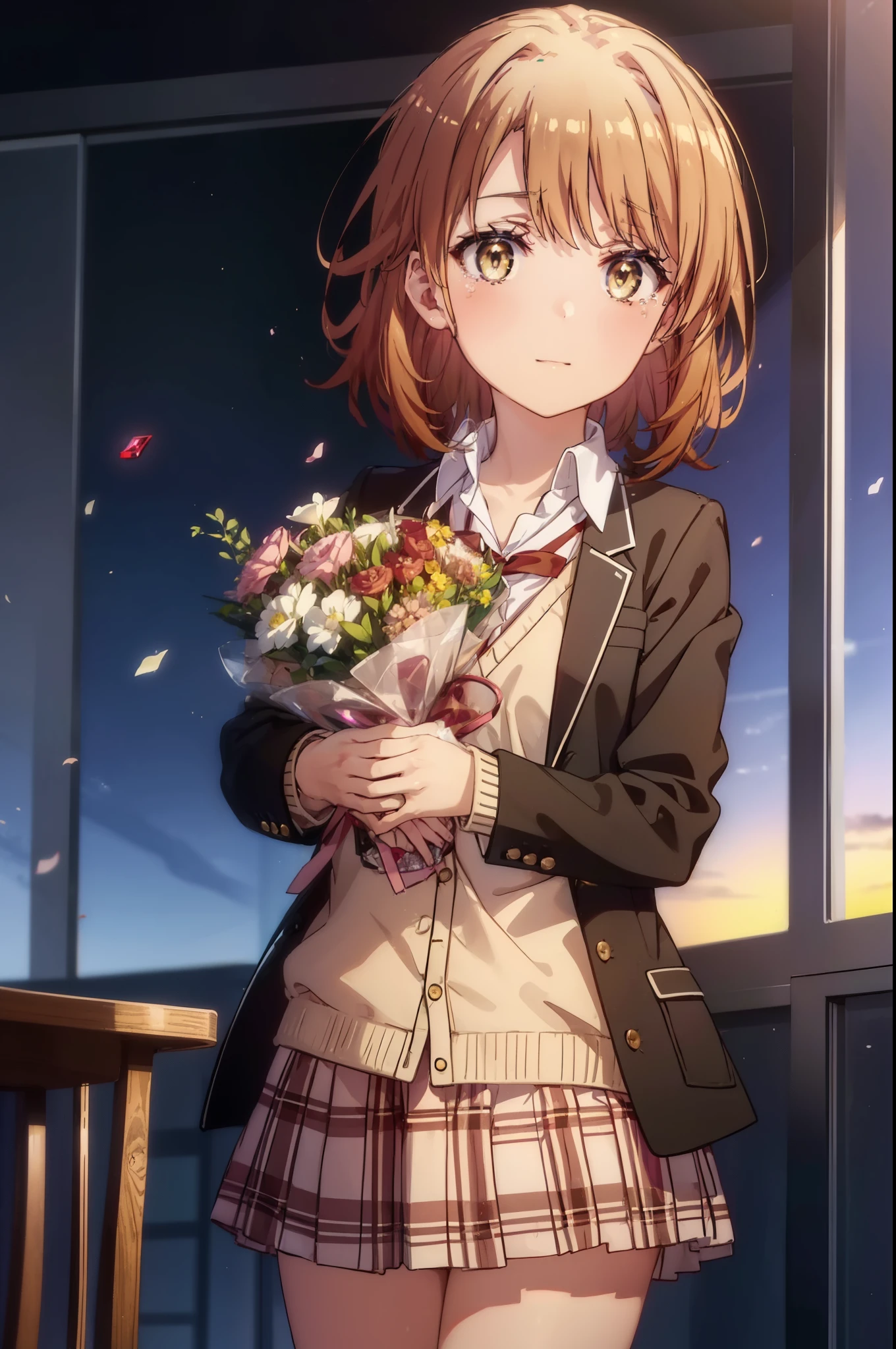 irohaisshiki, Isshiki Iroha, short hair, brown hair, (Brown ruby eyes:1.5), smile,blush,Tears running down her face,Tears of joy、I cry a lot、break skirt, shirt, ribbon, , Jacket, white shirt, open clothes, socks, open Jacket, black Jacket, plaid, knee high, plaid skirt, blazer, cardigan, black socks, pink cardigan,Holding a large bouquet in both hands ,birthday,A birthday cake is on the table,confetti,evening,sunset,The sun is setting,
break indoors,School classroom ,
break looking at viewer,Upper body,(cowboy shot:1. 3)
break (masterpiece:1.2), highest quality, High resolution, unity 8k wallpaper, (shape:0.8), (beautiful and detailed eyes:1.6), highly detailed face, perfect lighting, Very detailed CG, (perfect hands, perfect ???????),