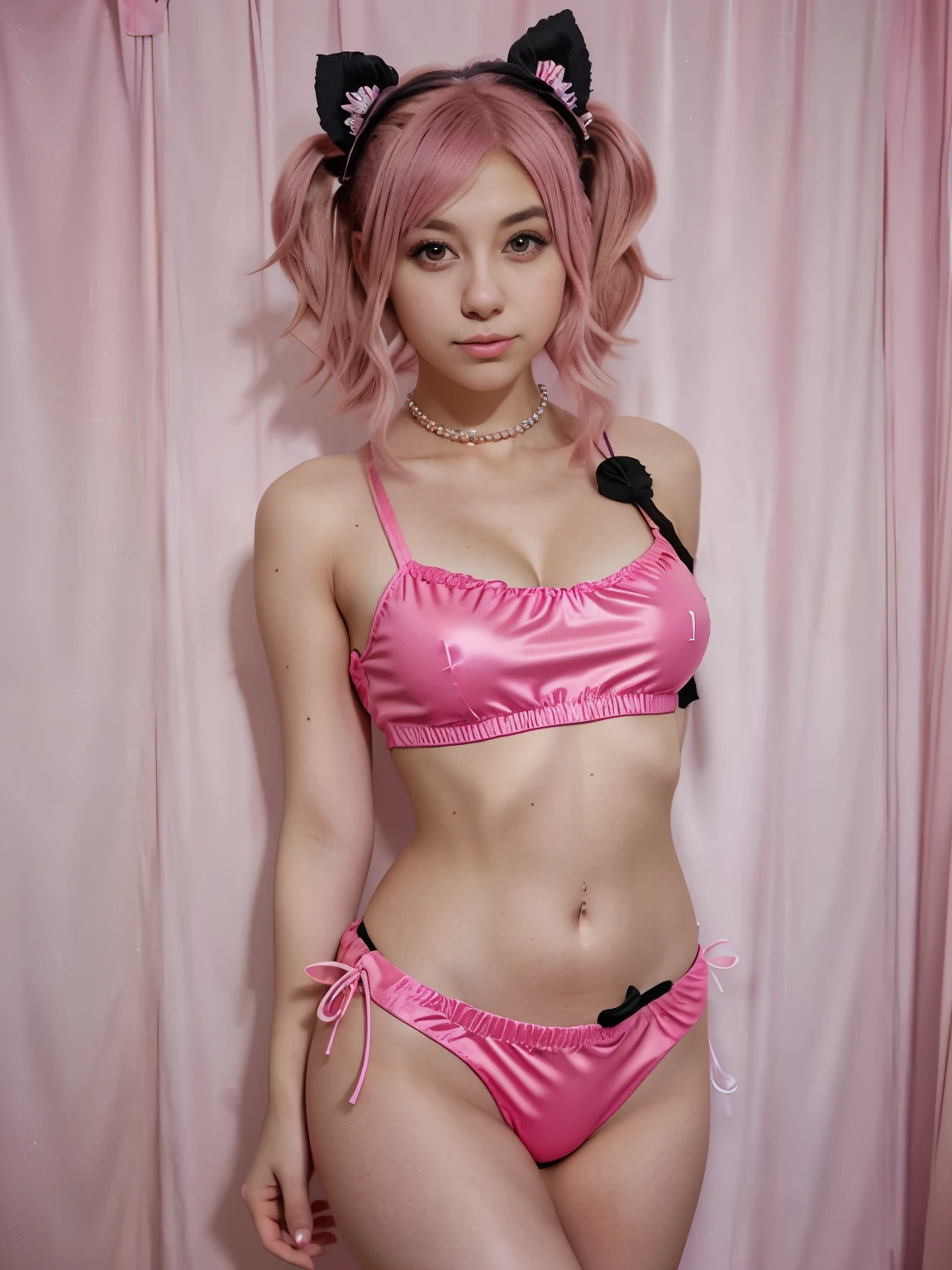 araffe with pink hair and a black top and a pink skirt, a photo by Randy Vargas, tumblr, conceptual art, y 2 k cutecore clowncore, anime character; full body art, bubblegum body, cosplay, her belly button is exposed, half body cropping, wearing pearl neon bikini, anime girl cosplay, glamourous cosplay