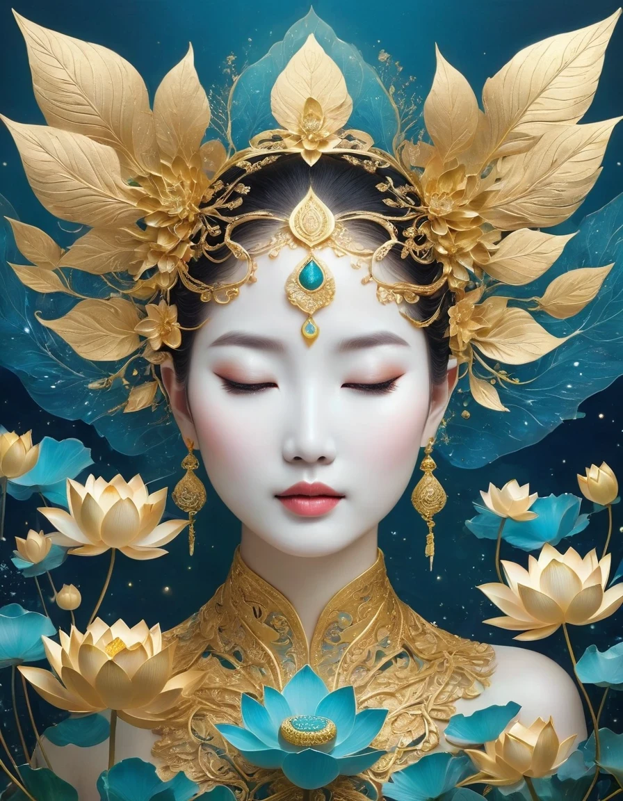 (gold leaf art:1.5)，Imagine a tranquil scene inspired by Buddhist philosophy，A vibrant lotus flower stands against a background of intense turquoise tones。The lotus symbolizes purity and enlightenment，Complex petals bloom，exudes a sense of tranquility。As you gaze deeper into the image，You will notice an arrangement similar to a mandala，The constellations are arranged elegantly。Fusion of Buddhist Symbolism and Astrological Elements，consistency，Induce contemplation and a timeless sense of connection。(The sculpture is surrealist and realist: 1.5), (Kaneko，Blue and white porcelain mask)， (metal wings: 1.2), (futuristic mask: 1.2), (Internet pop kawaii fractal art: 1.6), (Tobias Gramler (Tobias Gramler) Art style，smooth shapes: 1.6), (Organic geometric mixture: 1.6),ultra high resolution: 1.4),(particle effect: 1.4), (depth of field: 1.4), (geometric point abstraction: 1.6), (generative fluid fractal algorithm: 1.6).