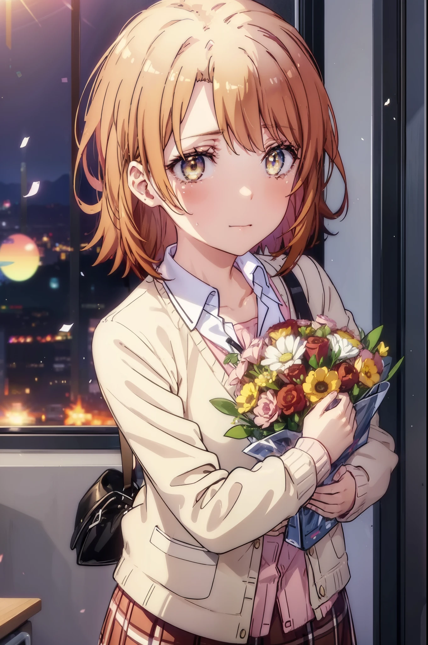 irohaisshiki, Isshiki Iroha, short hair, brown hair, (Brown ruby eyes:1.5), smile,blush,Tears running down her face,Tears of joy、I cry a lot、break skirt, shirt, ribbon, , Jacket, white shirt, open clothes, socks, open Jacket, black Jacket, plaid, knee high, plaid skirt, blazer, cardigan, black socks, pink cardigan,Holding a large bouquet in both hands ,birthday,A birthday cake is on the table,confetti,evening,sunset,The sun is setting,
break indoors,School　classroom ,
break looking at viewer,Upper body,(cowboy shot:1. 3)
break (masterpiece:1.2), highest quality, High resolution, unity 8k wallpaper, (shape:0.8), (beautiful and detailed eyes:1.6), highly detailed face, perfect lighting, Very detailed CG, (perfect hands, perfect anatomy),