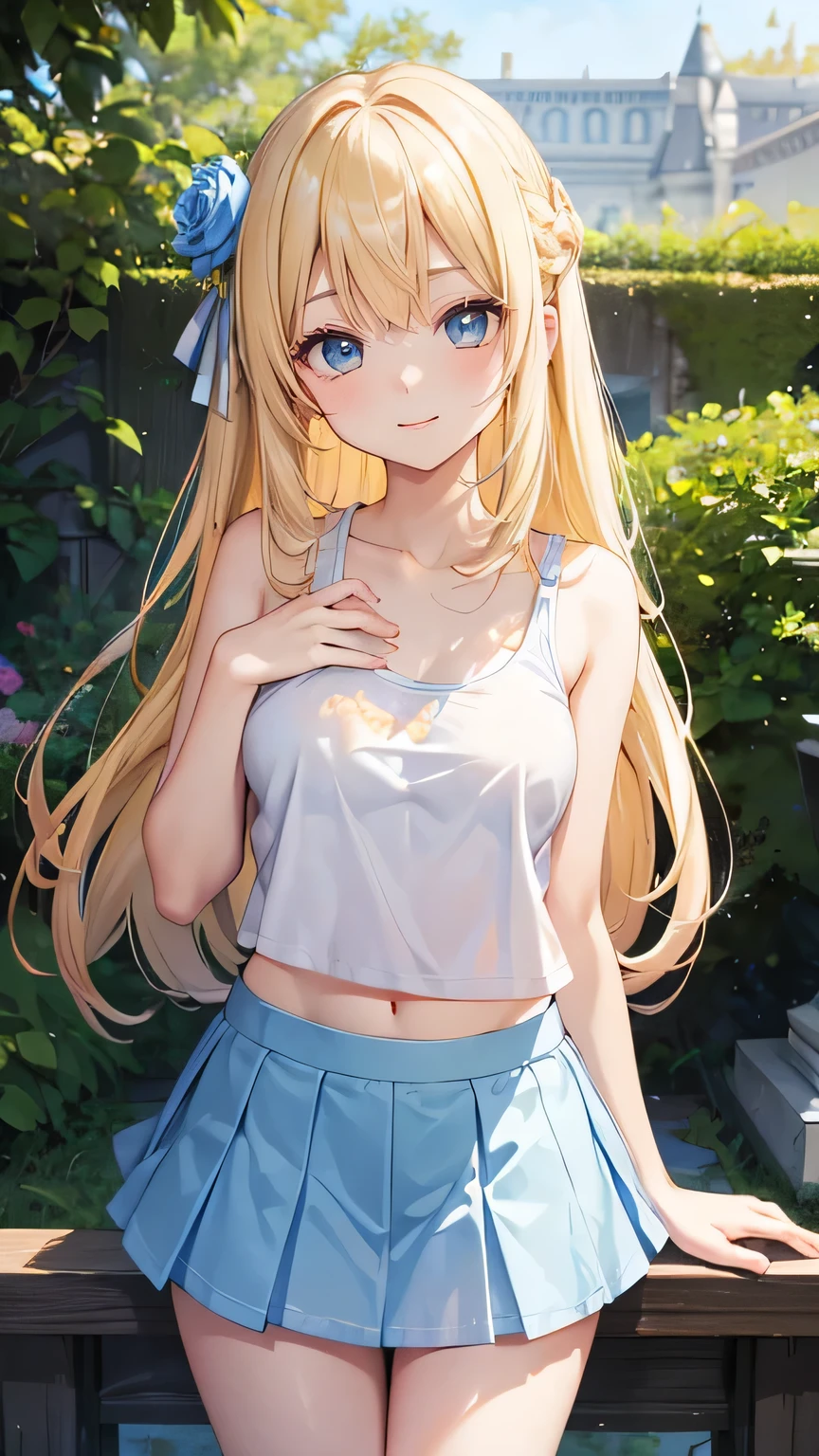 very cute girl、()、light yellow hair、long straight hair、Bangs are too close to the eye、Light Blue Eye、(Normal human ear)、thin arms、Beautiful body、slim legs、large, well-shaped breasts,、clear white skin、smile、(Open-chested tank top、mini skirt、White and blue)、(Rose Garden)、Super high quality、digital single lens reflex、