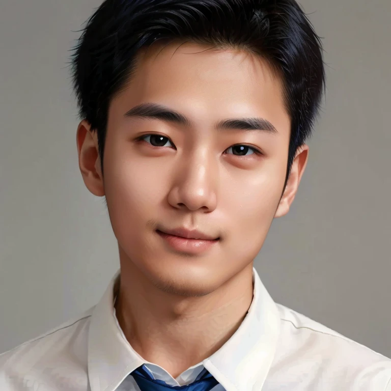 Young Japanese man wearing white shirt and dark blue tie smiling.The corners of the mouth are elongated and slightly raised.Teethless,No double eyelids.The bridge of the nose is thin and straight on both sides.japanese artist,Headshot