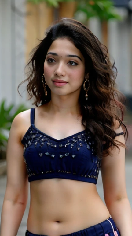 T4mm,Tamanna expoaing deep navel, wearing mascara, luscious hair, closed mouth, fair skin, pink plump lips, beautiful attractive face, studio lighting, sharp, high resolution, in a blue crop top.  