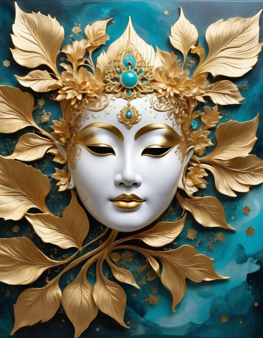 (gold leaf art:1.5)，Imagine a tranquil scene inspired by Buddhist philosophy，A vibrant lotus flower stands against a background of intense turquoise tones。The lotus symbolizes purity and enlightenment，Complex petals bloom，exudes a sense of tranquility。As you gaze deeper into the image，You will notice an arrangement similar to a mandala，The constellations are arranged elegantly。Fusion of Buddhist Symbolism and Astrological Elements，consistency，Induce contemplation and a timeless sense of connection。(The sculpture is surrealist and realist: 1.5), (Kaneko，Blue and white porcelain mask)， (metal wings: 1.2), (futuristic mask: 1.2), (Internet pop kawaii fractal art: 1.6), (Tobias Gramler (Tobias Gramler) Art style，smooth shapes: 1.6), (Organic geometric mixture: 1.6),ultra high resolution: 1.4),(particle effect: 1.4), (depth of field: 1.4), (geometric point abstraction: 1.6), (generative fluid fractal algorithm: 1.6).