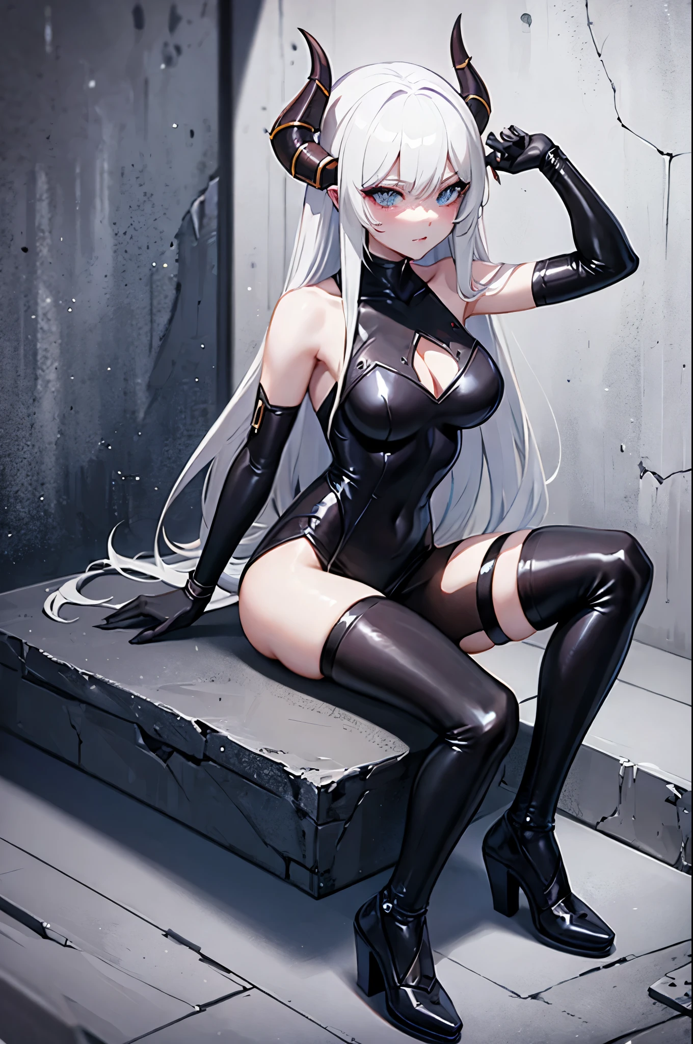 world of warcraft demon hunter class black latex fire eyes long horns white hair cute face sexy full body sit pose high heels