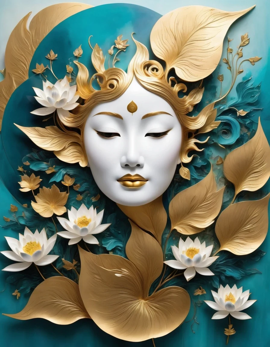 (gold leaf art:1.5)，Imagine a tranquil scene inspired by Buddhist philosophy，A vibrant lotus flower stands against a background of intense turquoise tones。The lotus symbolizes purity and enlightenment，Complex petals bloom，exudes a sense of tranquility。As you gaze deeper into the image，You will notice an arrangement similar to a mandala，The constellations are arranged elegantly。Fusion of Buddhist Symbolism and Astrological Elements，consistency，Induce contemplation and a timeless sense of connection。(The sculpture is surrealist and realist: 1.5), (Kaneko，Blue and white porcelain mask)， (metal wings: 1.2), (futuristic mask: 1.2), (Internet pop kawaii fractal art: 1.6), (Tobias Gramler (Tobias Gramler) Art style，smooth shapes: 1.6), (Organic geometric mixture: 1.6),ultra high resolution: 1.4),(particle effect: 1.4), (depth of field: 1.4), (geometric point abstraction: 1.6), (generative fluid fractal algorithm: 1.6).