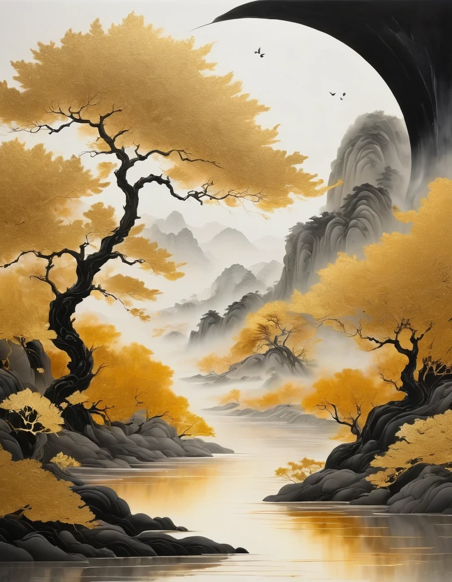 (gold leaf art:1.5),Black gold-rimmed Bodhi tree falls from the sky, Dunhuang murals as background, minimalist, line art, From front and center to ghostly smoke, Transition from entity to ghost, Smart, powerful and calm, Rich in details, Psychedelic, fantastic, drama, Chinese ancient style, style, ink painting, fantasy, surreal, ethereal