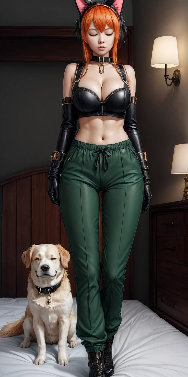 Roxanne Demin kin 1girl, solo, breasts, large breasts, navel, animal ears, cleavage, tail, hairband, pants, orange hair, collar, dog ears, dog tail, dog girl, black collar, green pants, floppy ears, eyes closed, sleeping, lying on bed, waist up, leather slave collar choker, bracers