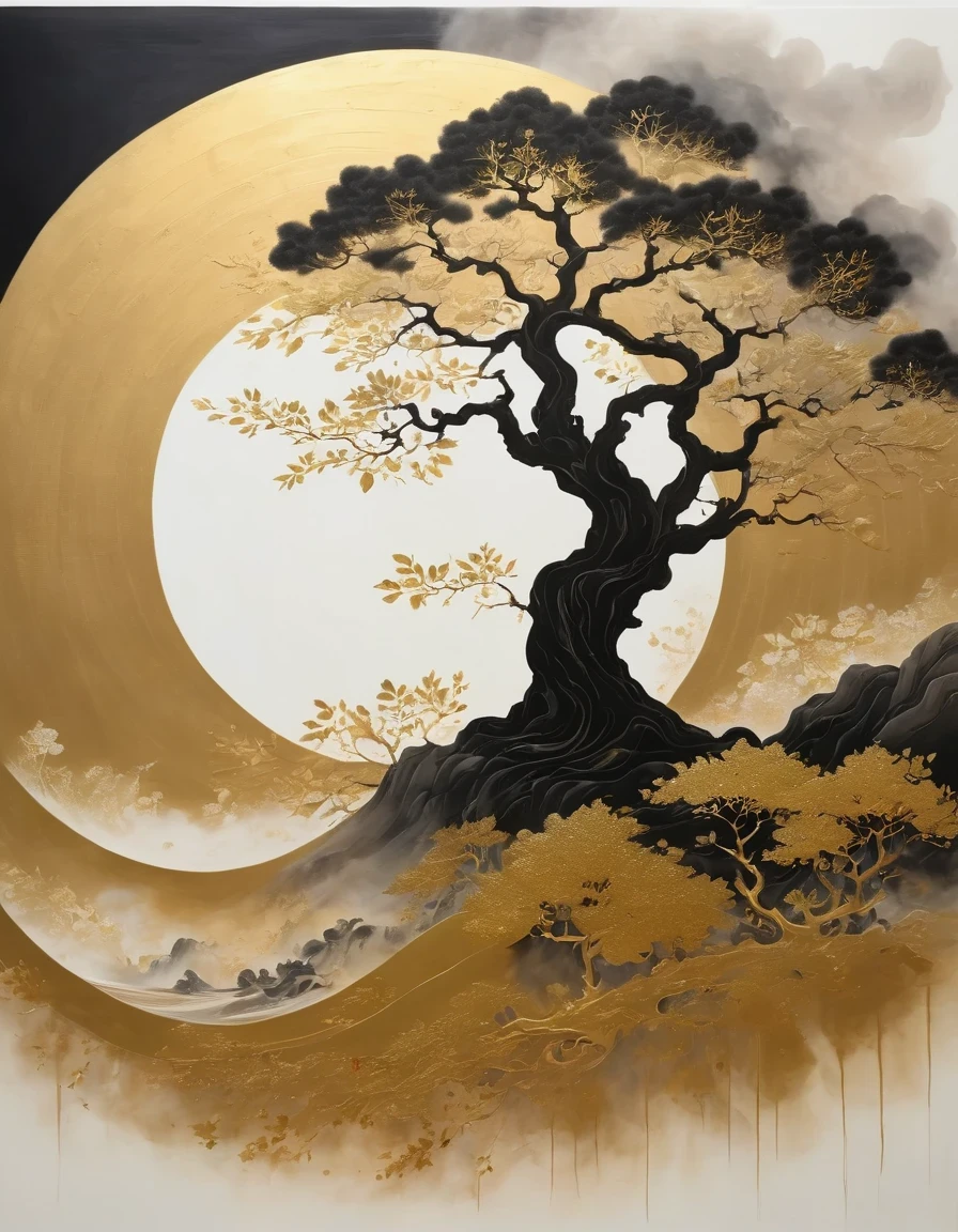 (gold leaf art:1.5),Black gold-rimmed Bodhi tree falls from the sky, Dunhuang murals as background, minimalist, line art, From front and center to ghostly smoke, Transition from entity to ghost, Smart, powerful and calm, Rich in details, Psychedelic, fantastic, drama, Chinese ancient style, style, ink painting, fantasy, surreal, ethereal