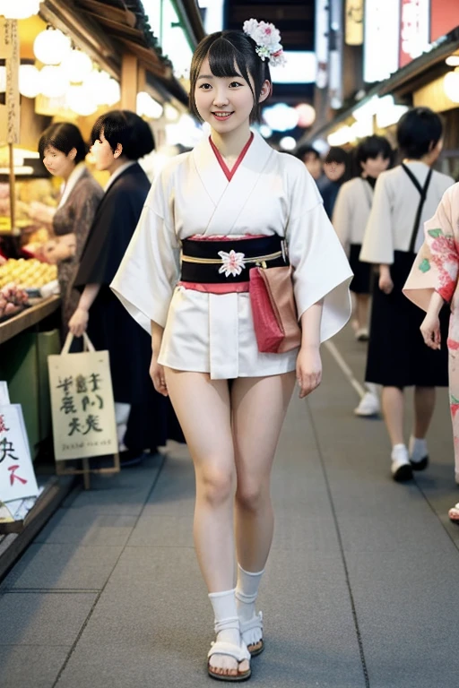 japan girl wearing short kimono , white panties , walking through the market