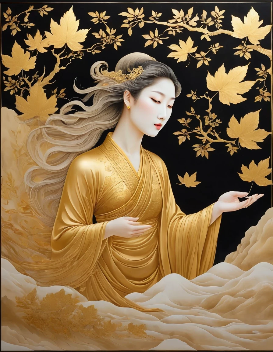 (gold leaf art:1.5)，A black and gold-rimmed giant hand fell from the sky, Dunhuang murals as background, minimalist, line art, From front and center to ghostly smoke, Transition from entity to ghost, Smart, powerful and calm, Rich in details, Psychedelic, fantastic, drama, Chinese ancient style, style, ink painting, fantasy, surreal, ethereal