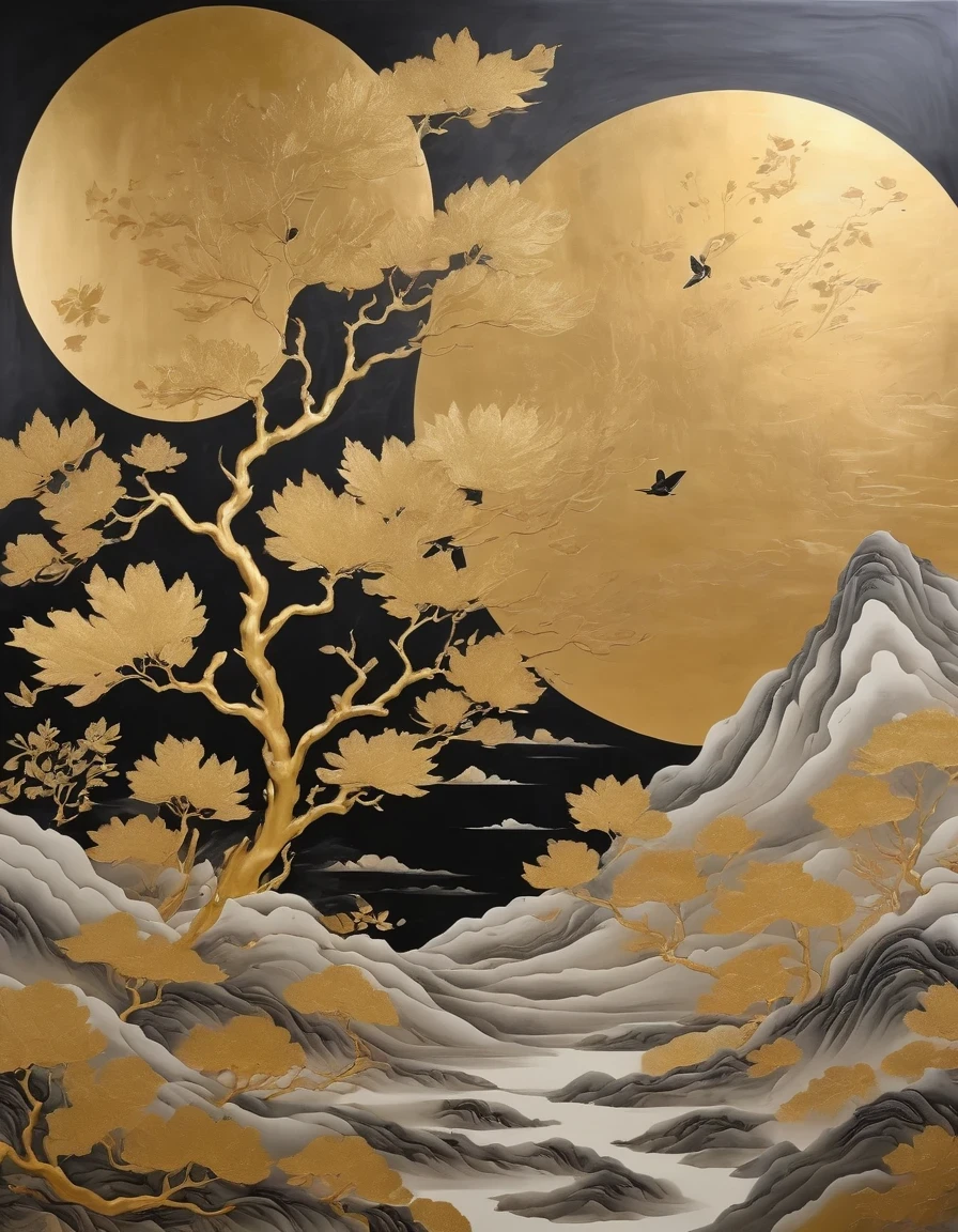 (gold leaf art:1.5)，A black and gold-rimmed giant hand fell from the sky, Dunhuang murals as background, minimalist, line art, From front and center to ghostly smoke, Transition from entity to ghost, Smart, powerful and calm, Rich in details, Psychedelic, fantastic, drama, Chinese ancient style, style, ink painting, fantasy, surreal, ethereal